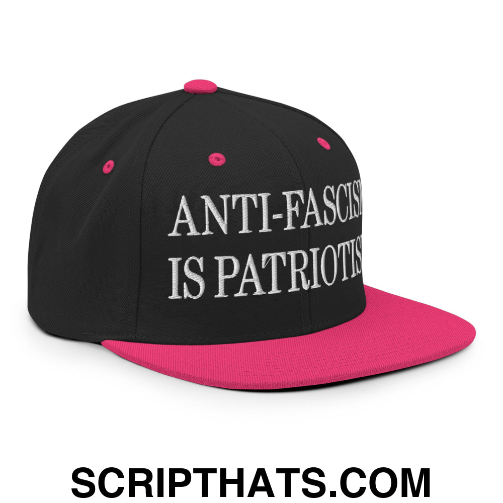 Anti-Fascism is Patriotism Embroidered Flat Bill Brim Snapback Hat Black Neon Pink