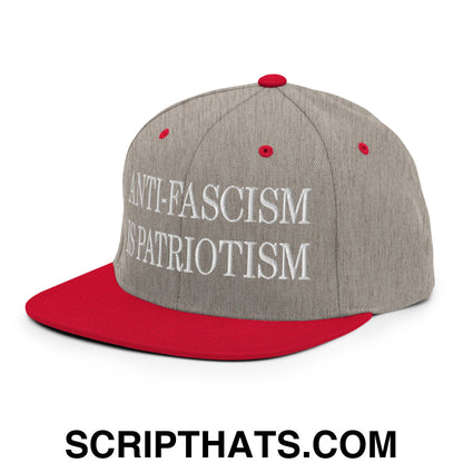 Anti-Fascism is Patriotism Embroidered Flat Bill Brim Snapback Hat Heather Grey Red