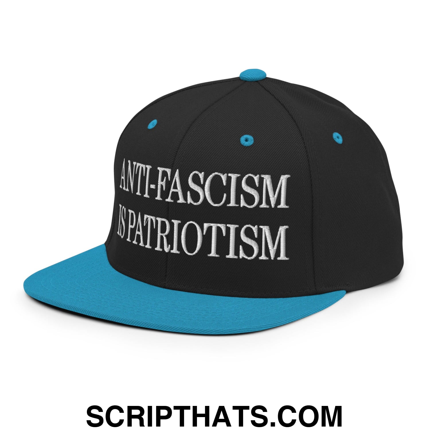 Black snapback cap with teal brim and button featuring white embroidered text anti-fascism is patriotism