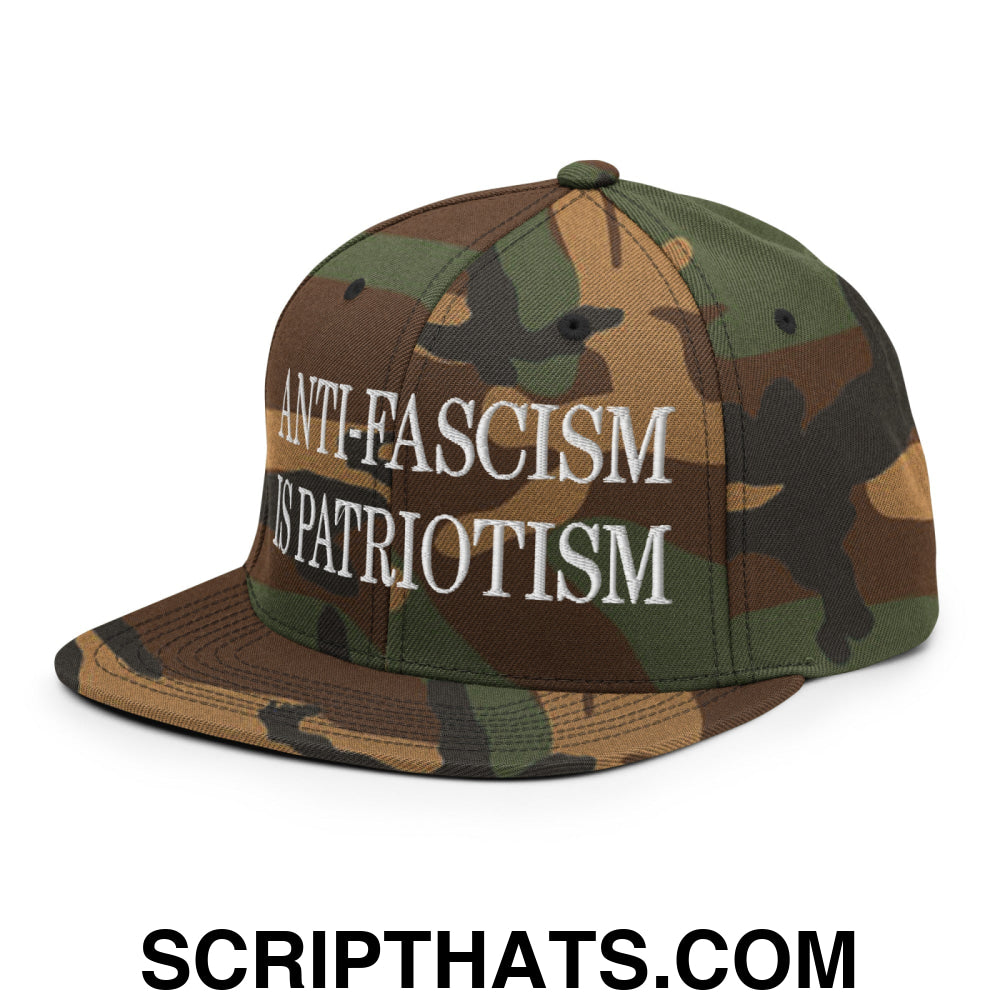 Anti-Fascism is Patriotism Embroidered Flat Bill Brim Snapback Hat Green Camo