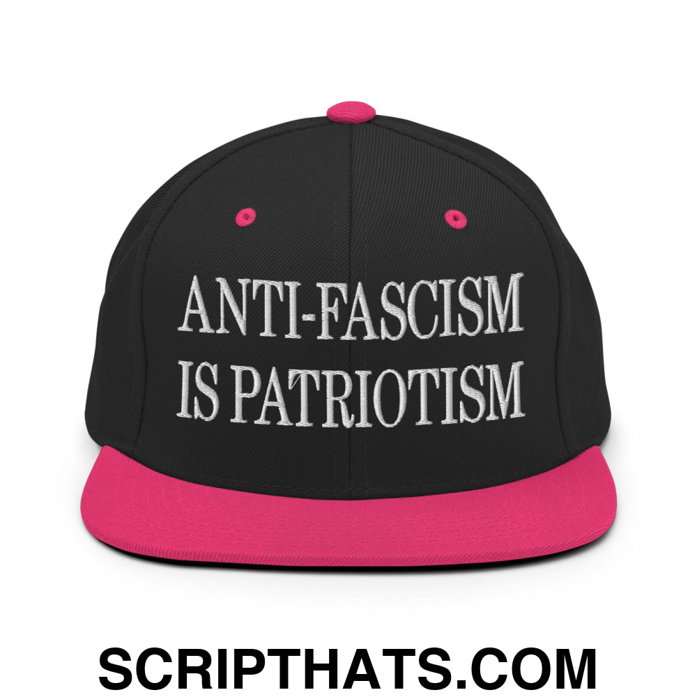 Anti-Fascism is Patriotism Embroidered Flat Bill Brim Snapback Hat Black Neon Pink