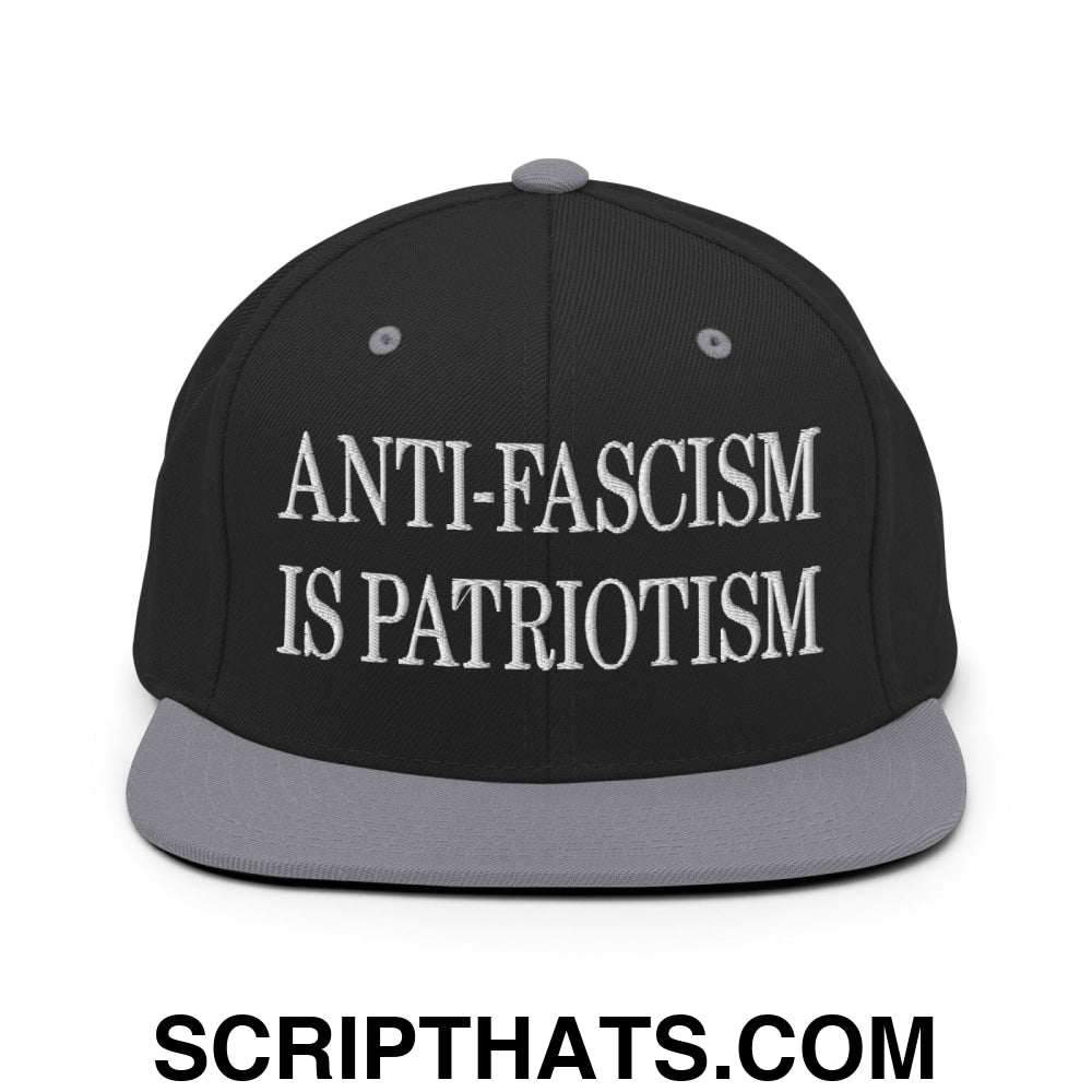 Anti-Fascism is Patriotism Embroidered Flat Bill Brim Snapback Hat Black Silver