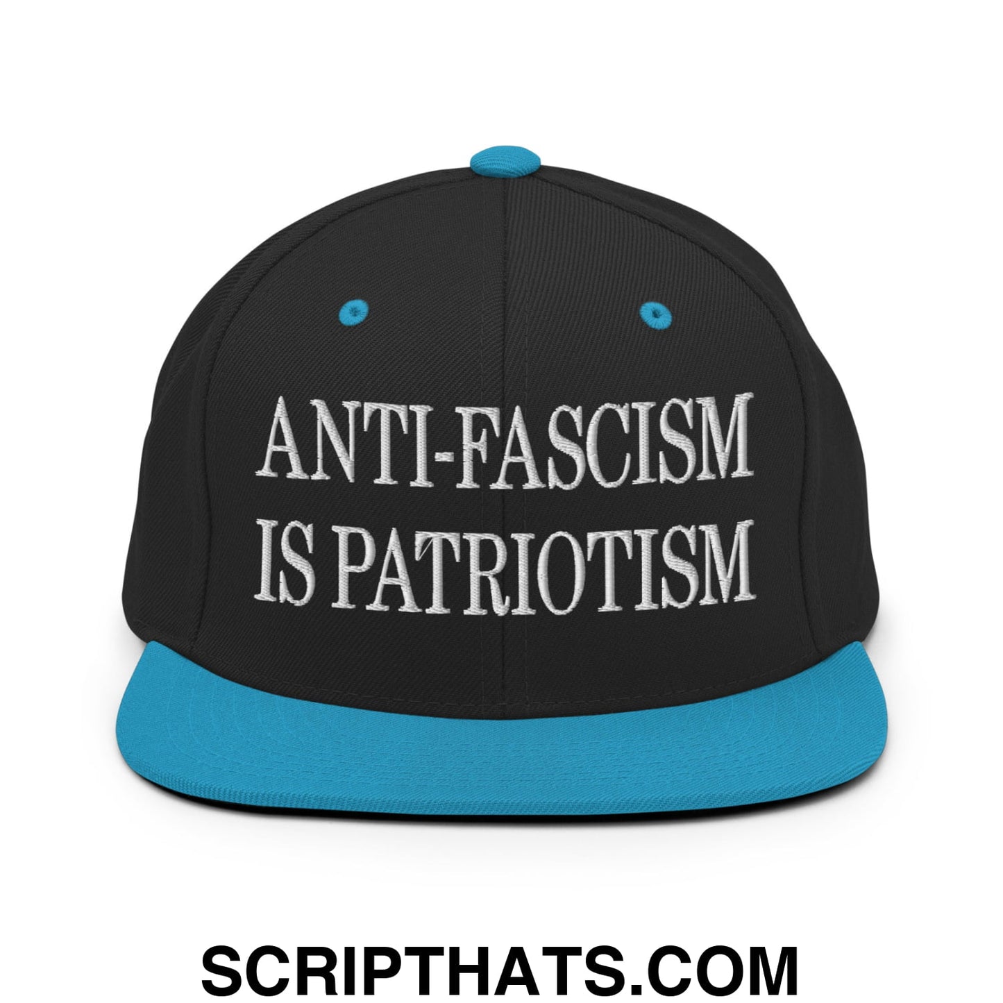 Black snapback cap with teal brim and button featuring white embroidered text anti-fascism is patriotism