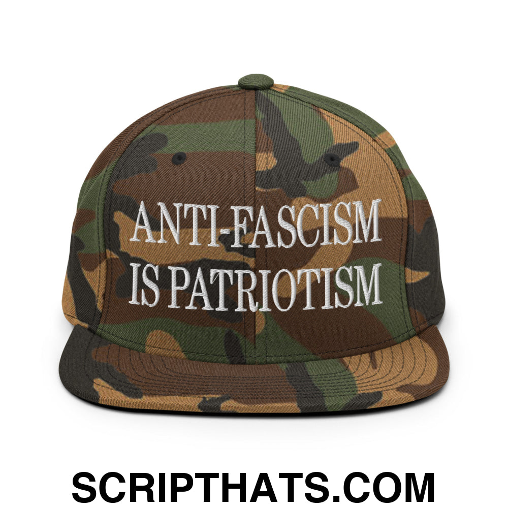 Anti-Fascism is Patriotism Embroidered Flat Bill Brim Snapback Hat Green Camo