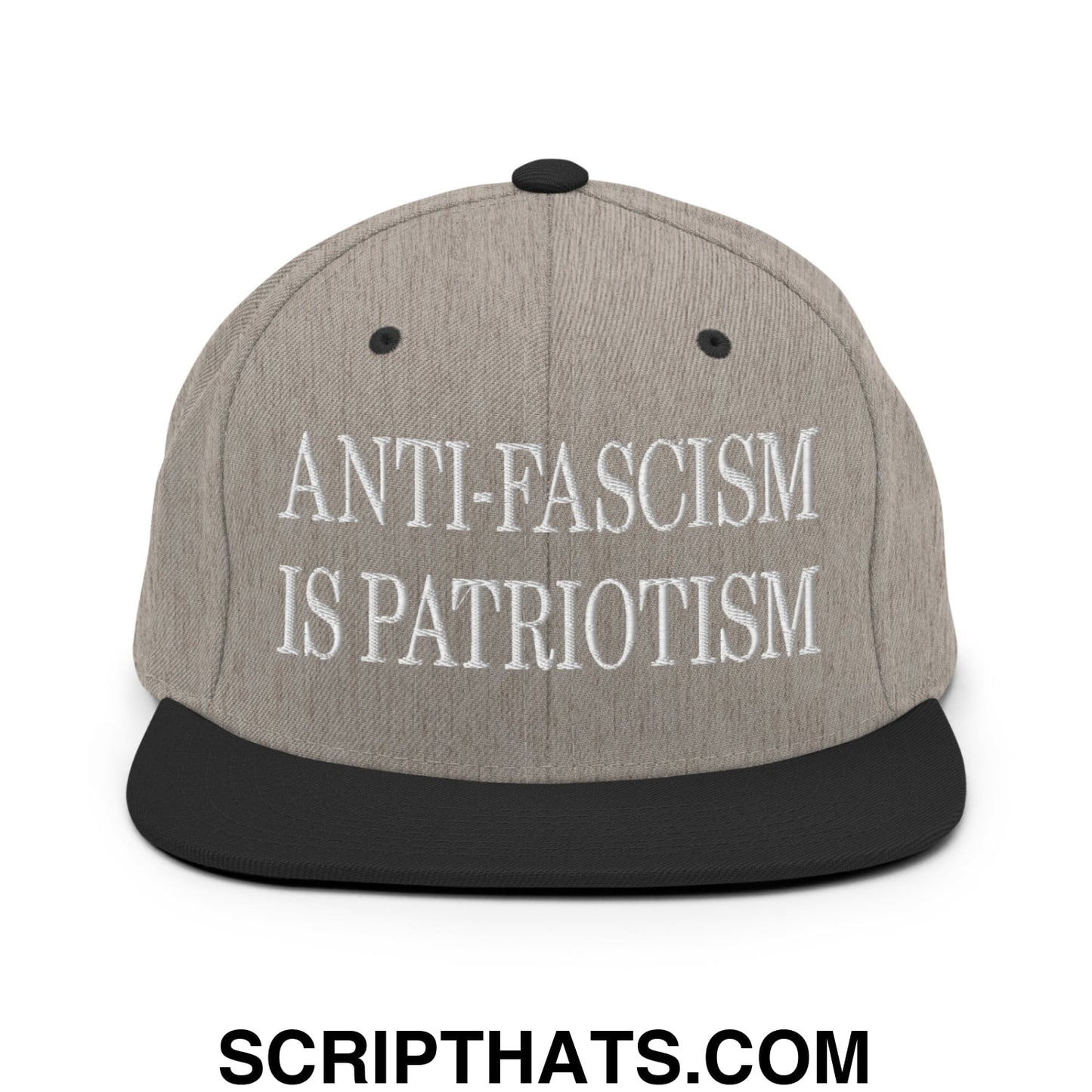 Gray snapback hat with black flat bill brim and embroidered white text reading anti-fascism is patriotism
