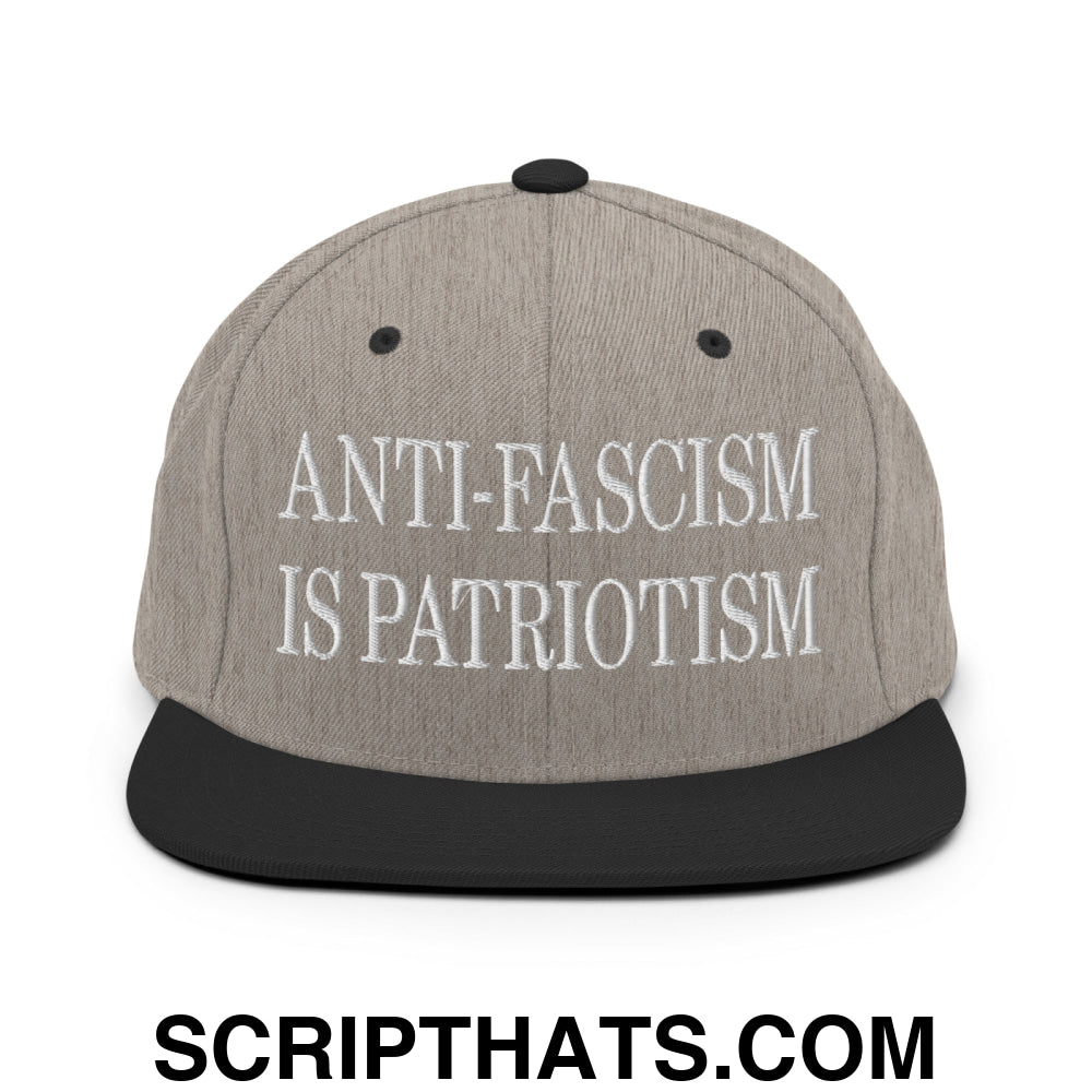 Anti-Fascism is Patriotism Embroidered Flat Bill Brim Snapback Hat Heather Black