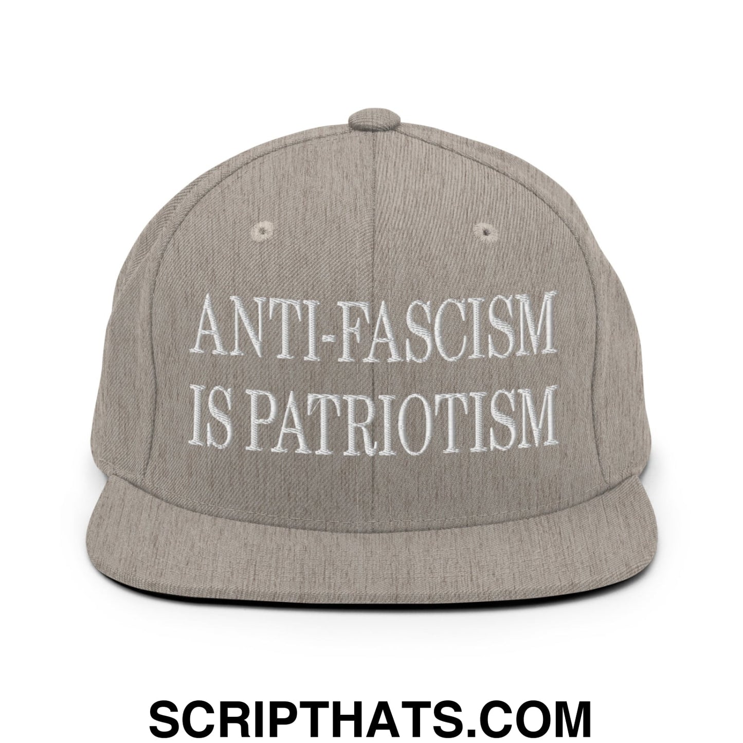Gray snapback hat with white embroidered anti-fascism is patriotism text and flat bill brim for casual wear