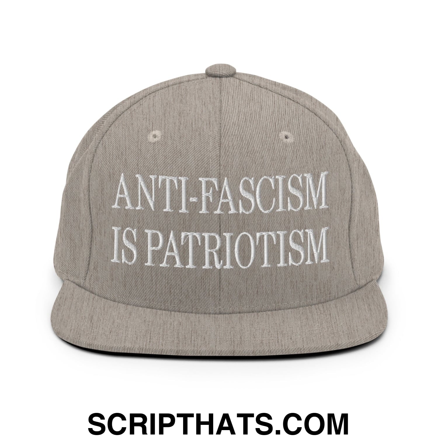 Gray snapback hat with white embroidered anti-fascism is patriotism text and flat bill brim for casual wear