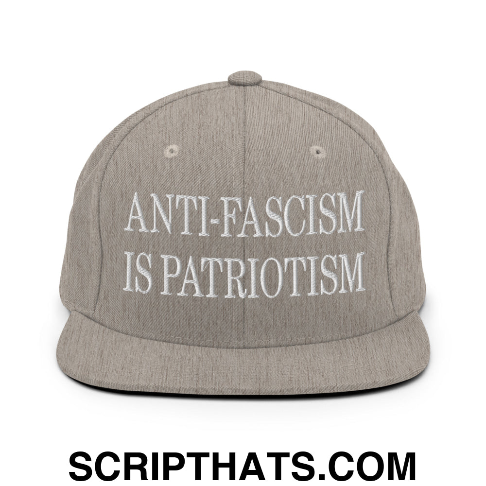Anti-Fascism is Patriotism Embroidered Flat Bill Brim Snapback Hat Heather Grey
