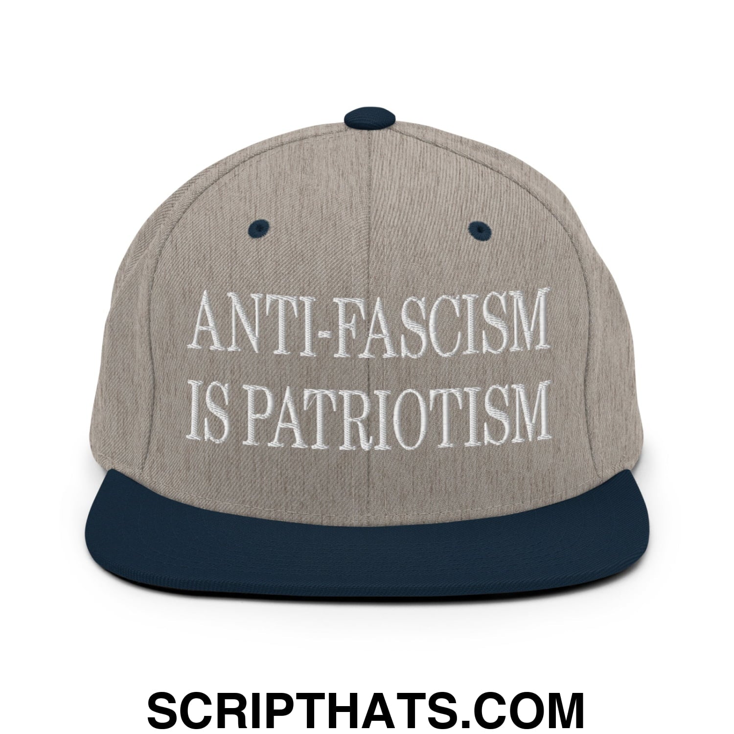 A gray and navy blue snapback hat with white embroidered text anti-fascism is patriotism and flat bill brim