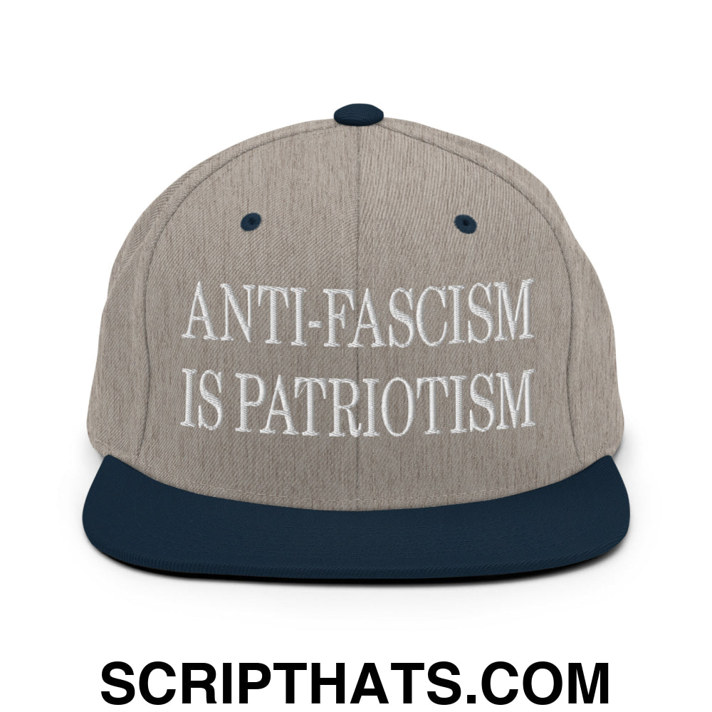 Anti-Fascism is Patriotism Embroidered Flat Bill Brim Snapback Hat Heather Grey Navy