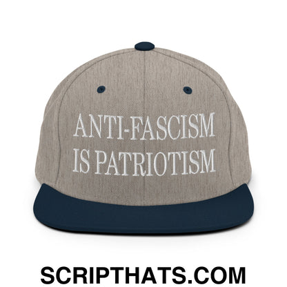 Anti-Fascism is Patriotism Embroidered Flat Bill Brim Snapback Hat Heather Grey Navy