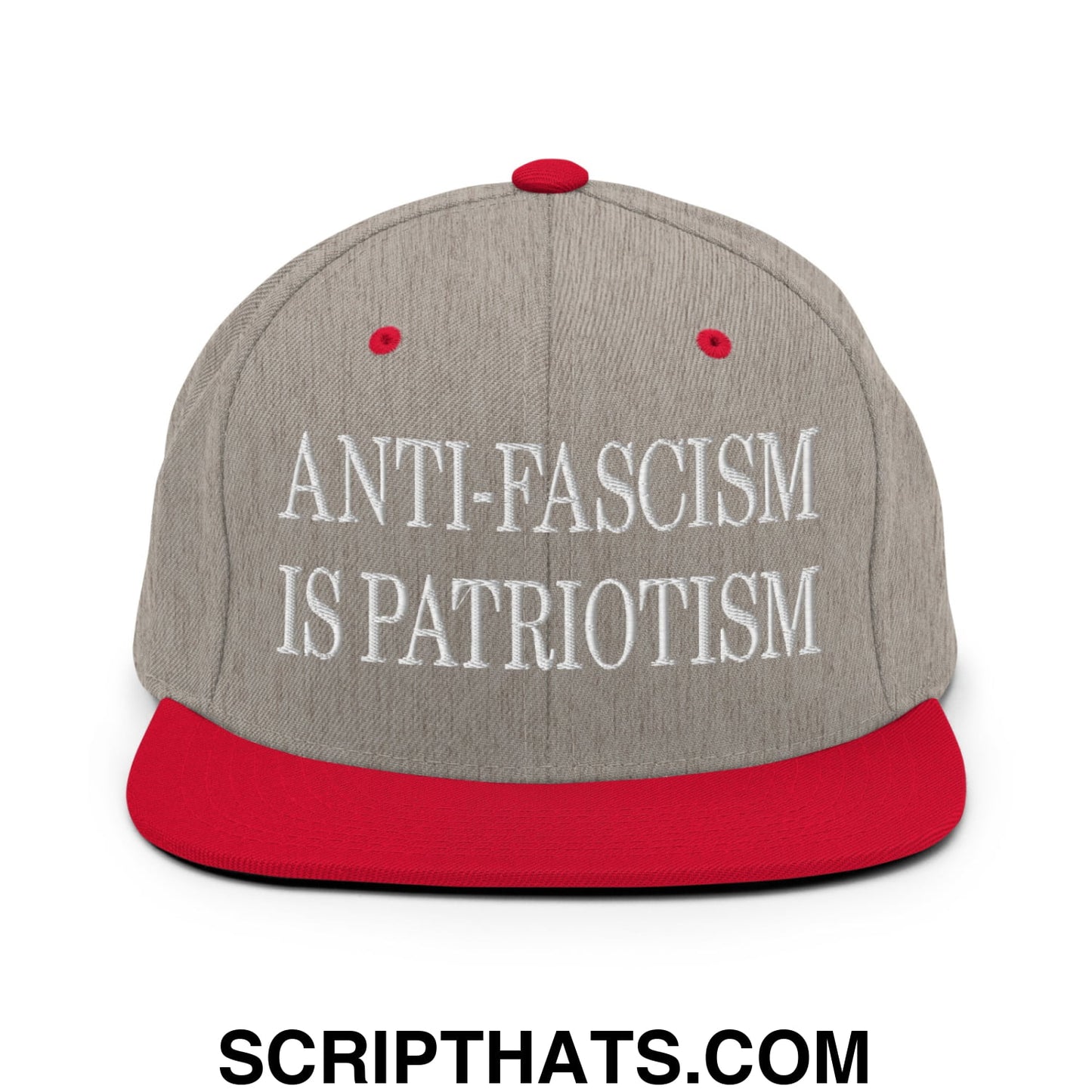 Gray snapback cap with red brim and button featuring white embroidered text anti-fascism is patriotism