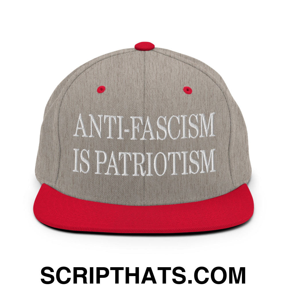 Anti-Fascism is Patriotism Embroidered Flat Bill Brim Snapback Hat Heather Grey Red