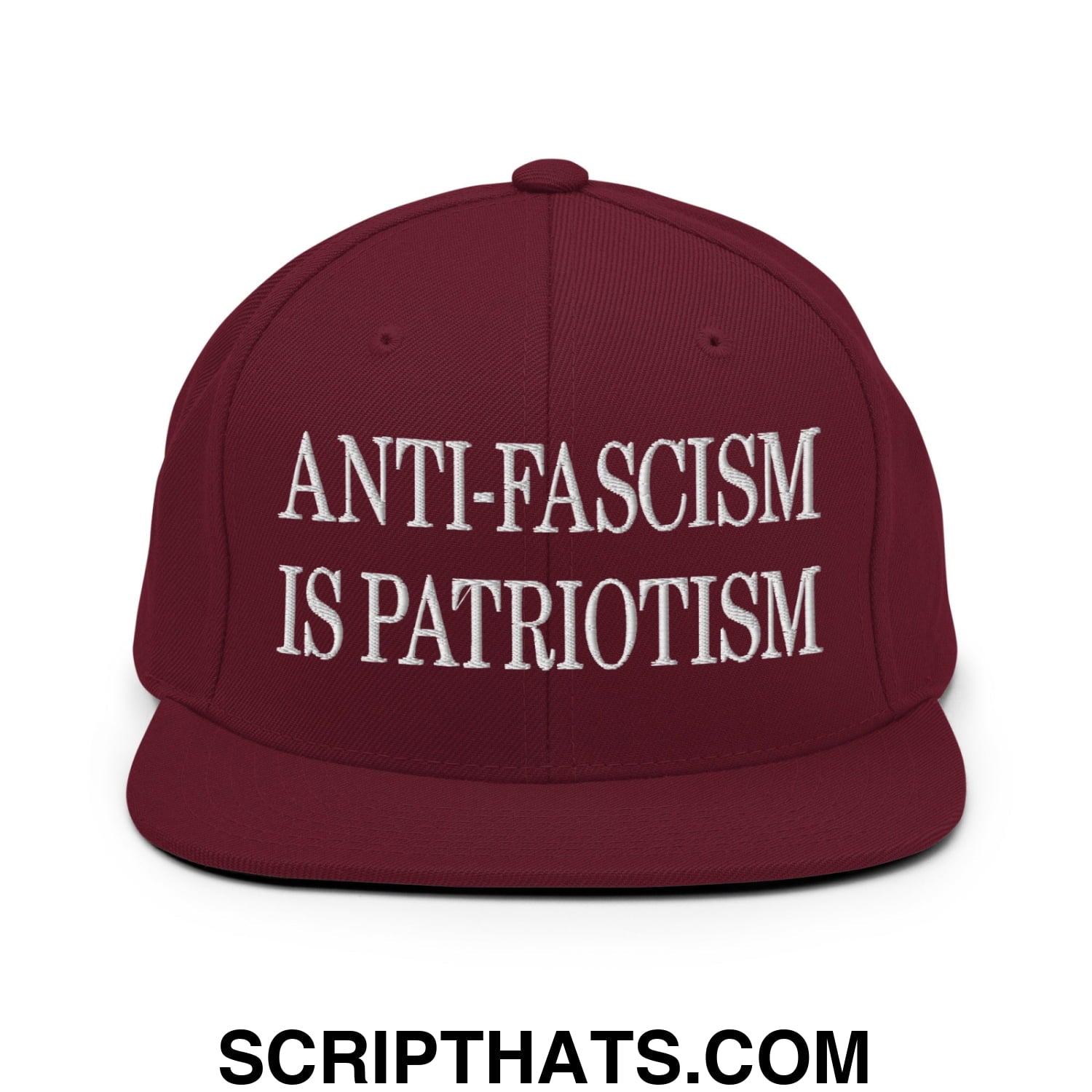 Maroon flat bill snapback hat with white embroidered text anti-fascism is patriotism for casual wear