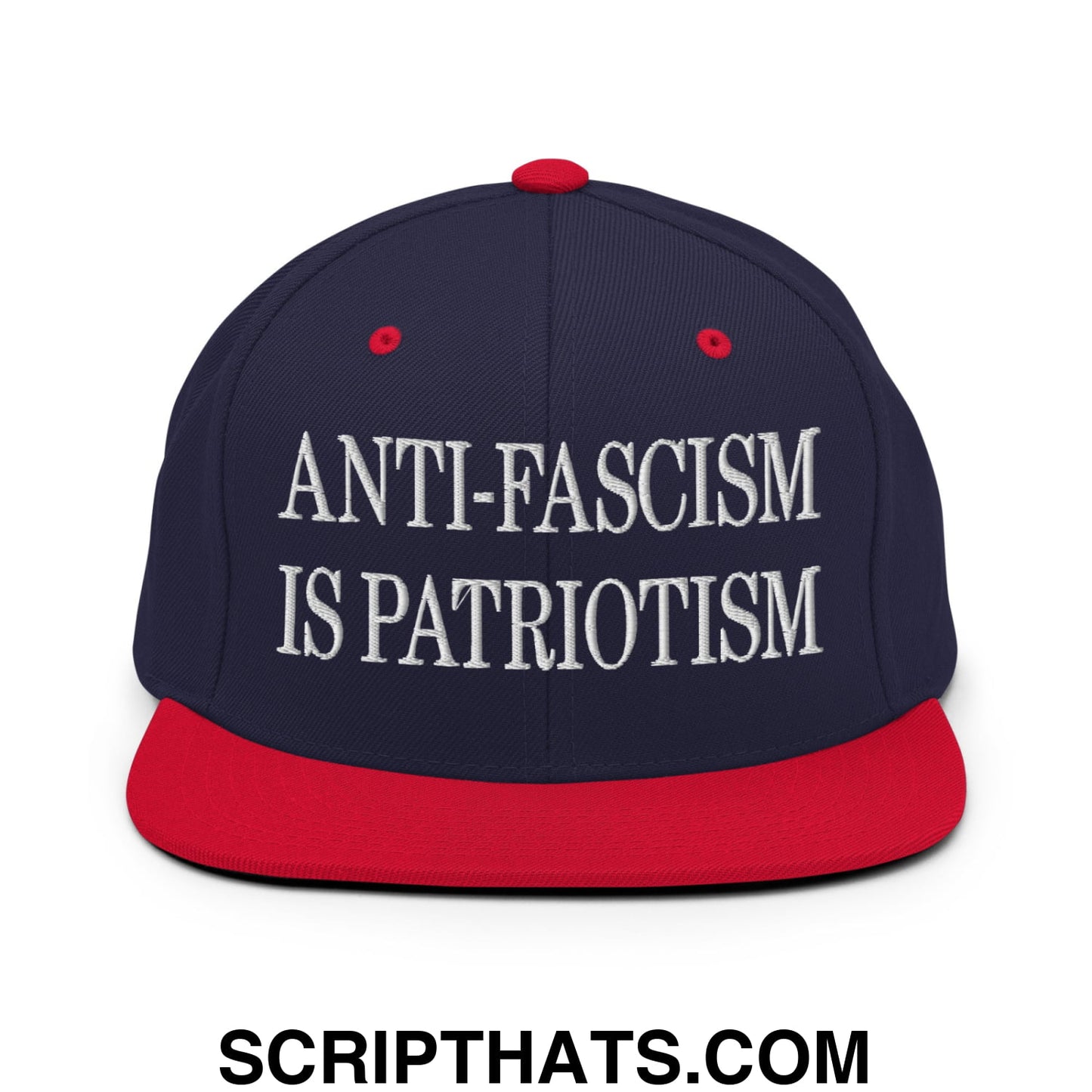 Navy blue and red snapback hat with white embroidered anti-fascism is patriotism text and flat bill brim design