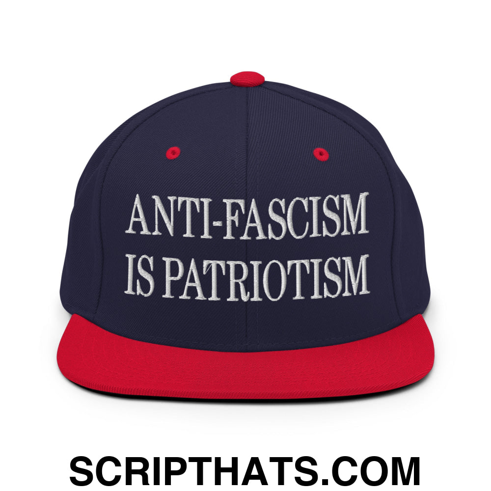 Anti-Fascism is Patriotism Embroidered Flat Bill Brim Snapback Hat Navy Red