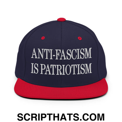 Anti-Fascism is Patriotism Embroidered Flat Bill Brim Snapback Hat Navy Red