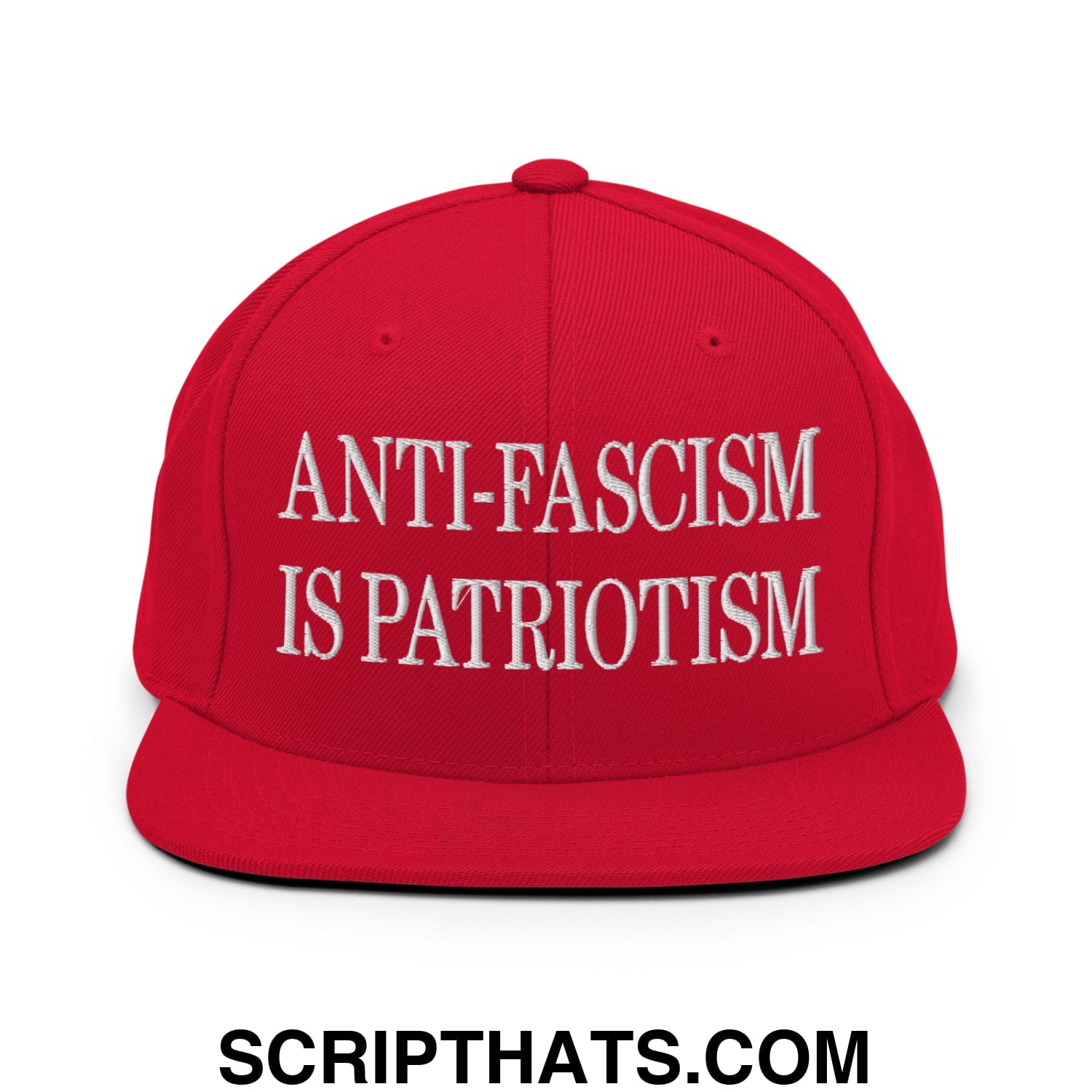 Red snapback cap with white embroidered text reading anti-fascism is patriotism flat bill brim snapback hat