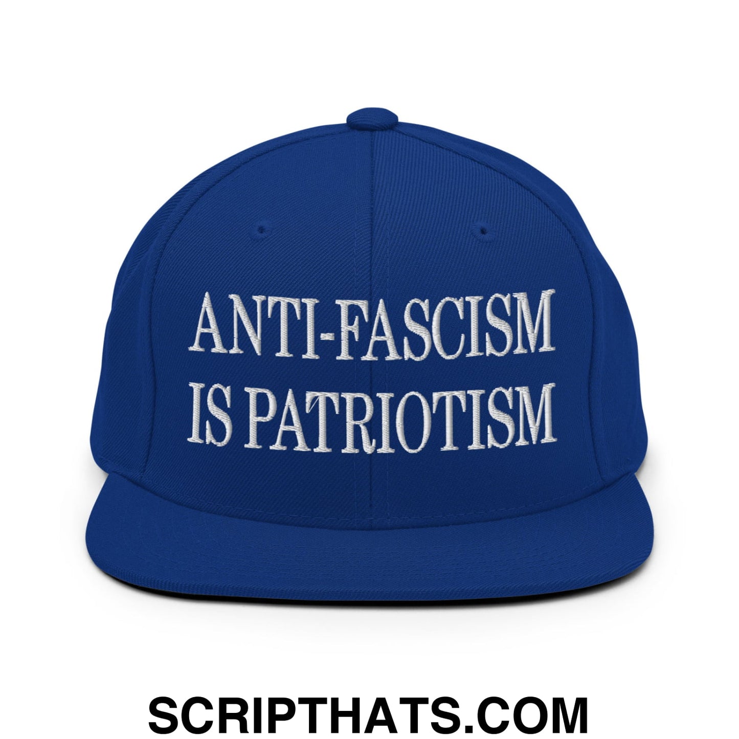 Royal blue flat bill snapback hat with white embroidered anti-fascism is patriotism text for casual wear