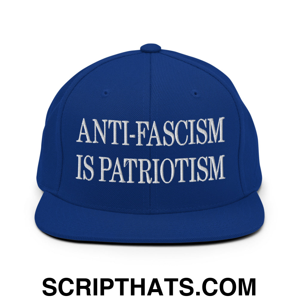 Anti-Fascism is Patriotism Embroidered Flat Bill Brim Snapback Hat Royal Blue