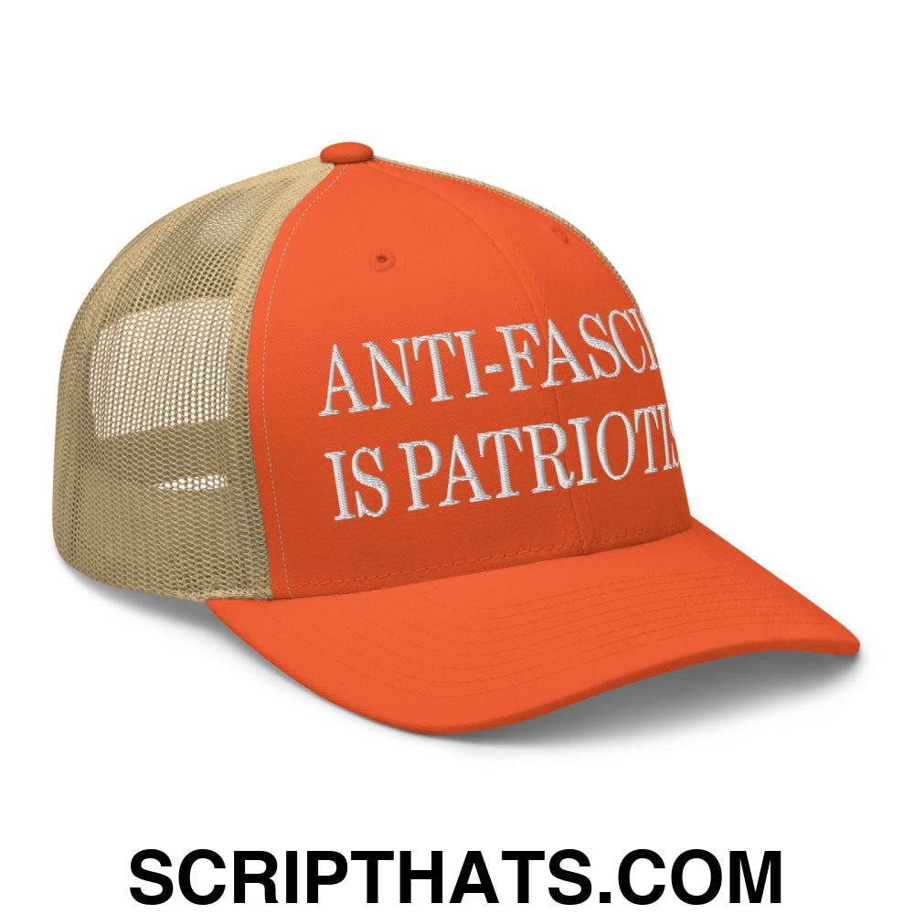 Anti-Fascism is Patriotism Embroidered Mesh Trucker Hat Rustic Orange Khaki