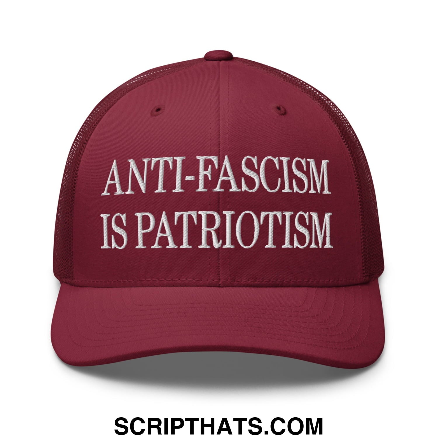 Maroon mesh trucker hat with white embroidered anti-fascism is patriotism text for casual wear