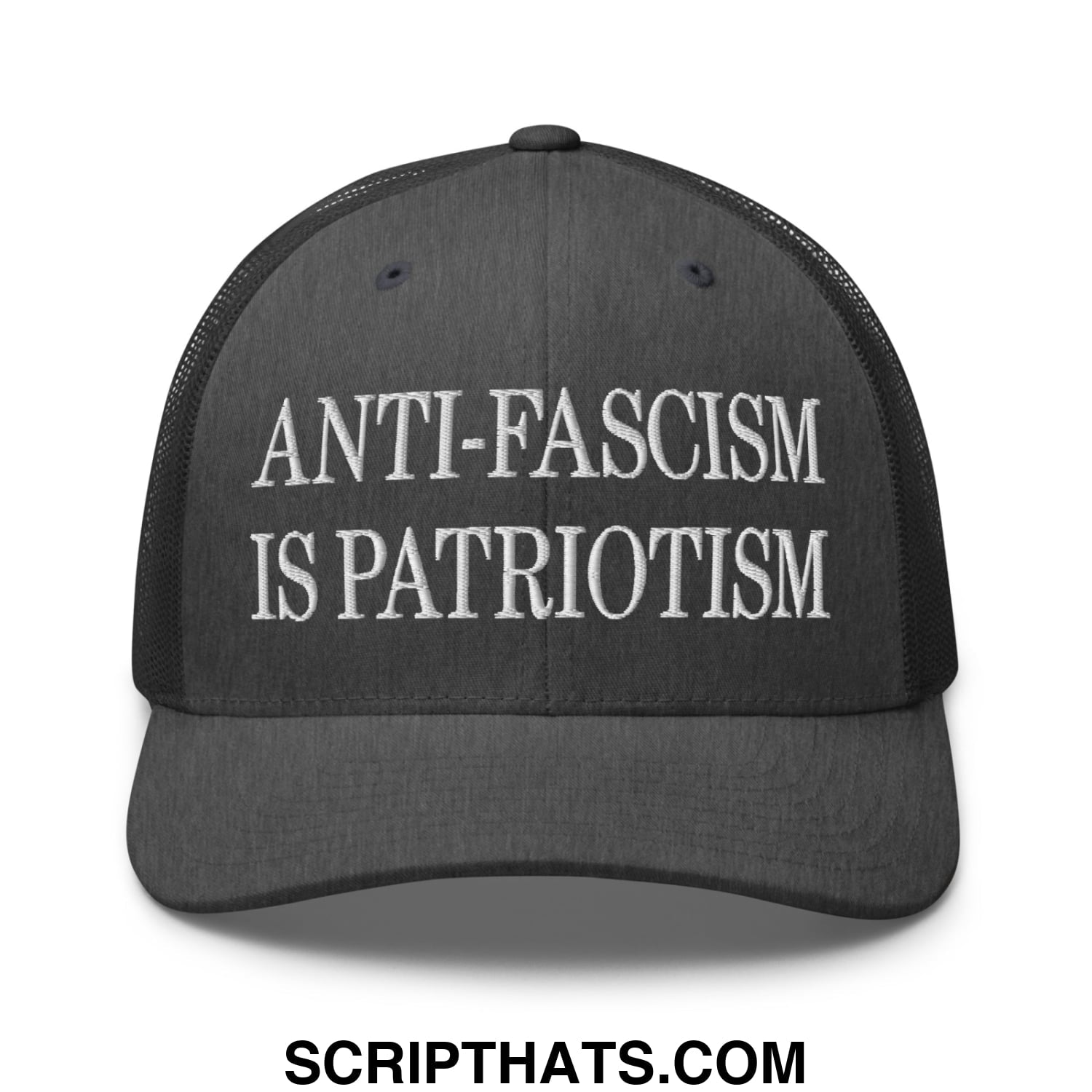 Black mesh trucker hat with white embroidered text anti fascism is patriotism for casual wear
