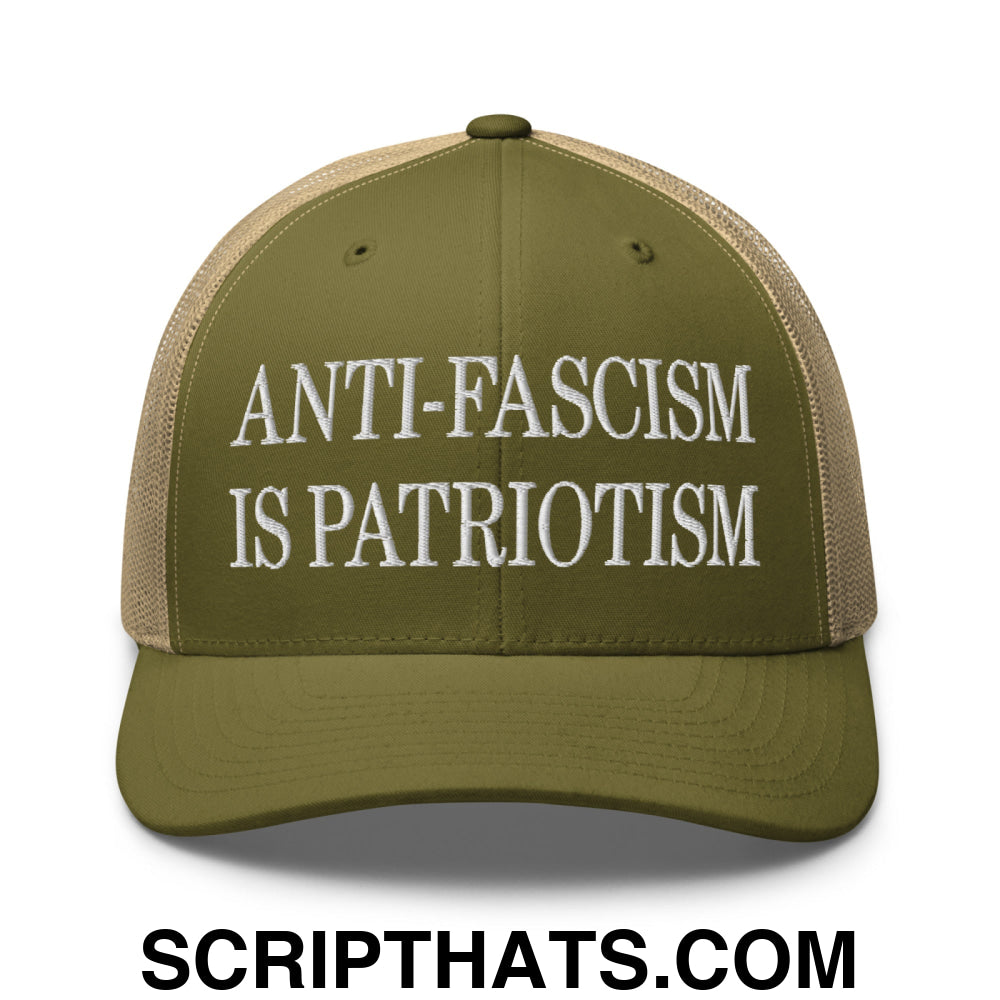 Anti-Fascism is Patriotism Embroidered Mesh Trucker Hat Moss Khaki
