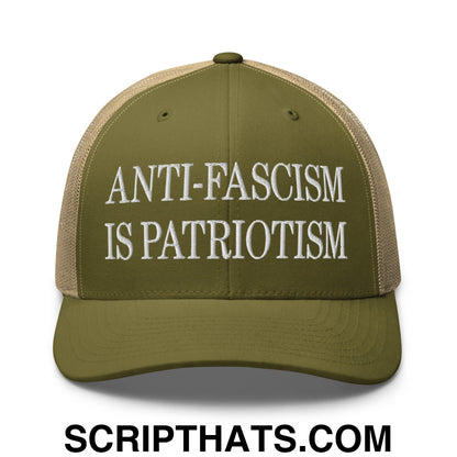Anti-Fascism is Patriotism Embroidered Mesh Trucker Hat Moss Khaki