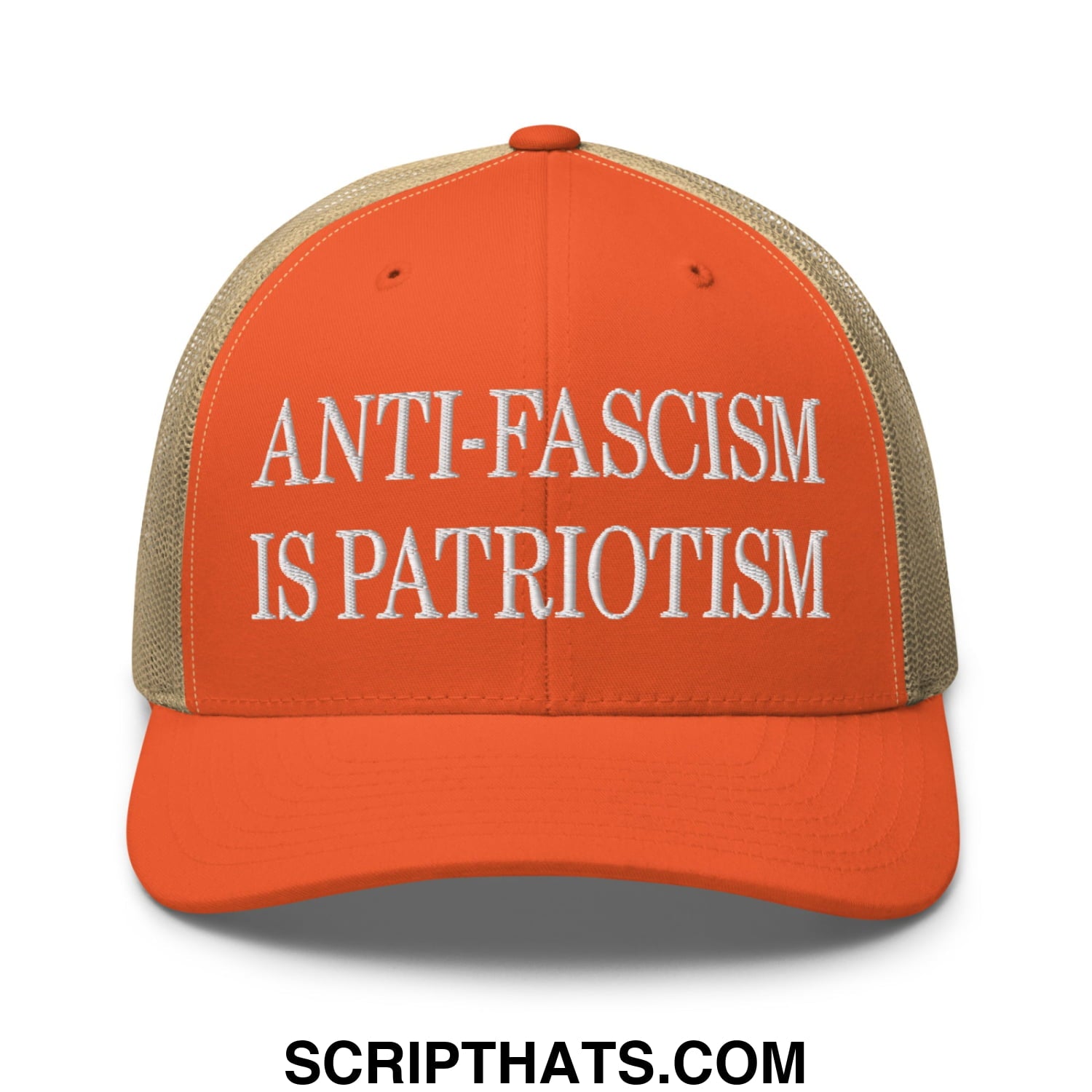 Orange and beige mesh trucker hat with white embroidered anti-fascism is patriotism text design