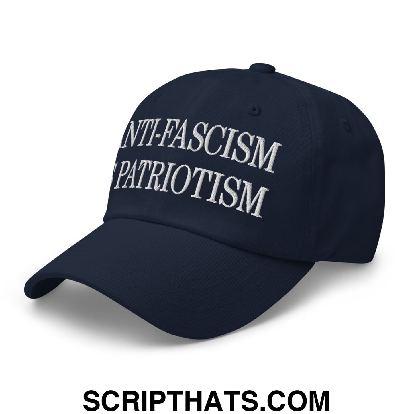 Navy blue unstructured dad hat with white embroidered anti-fascism and patriotism text for casual wear