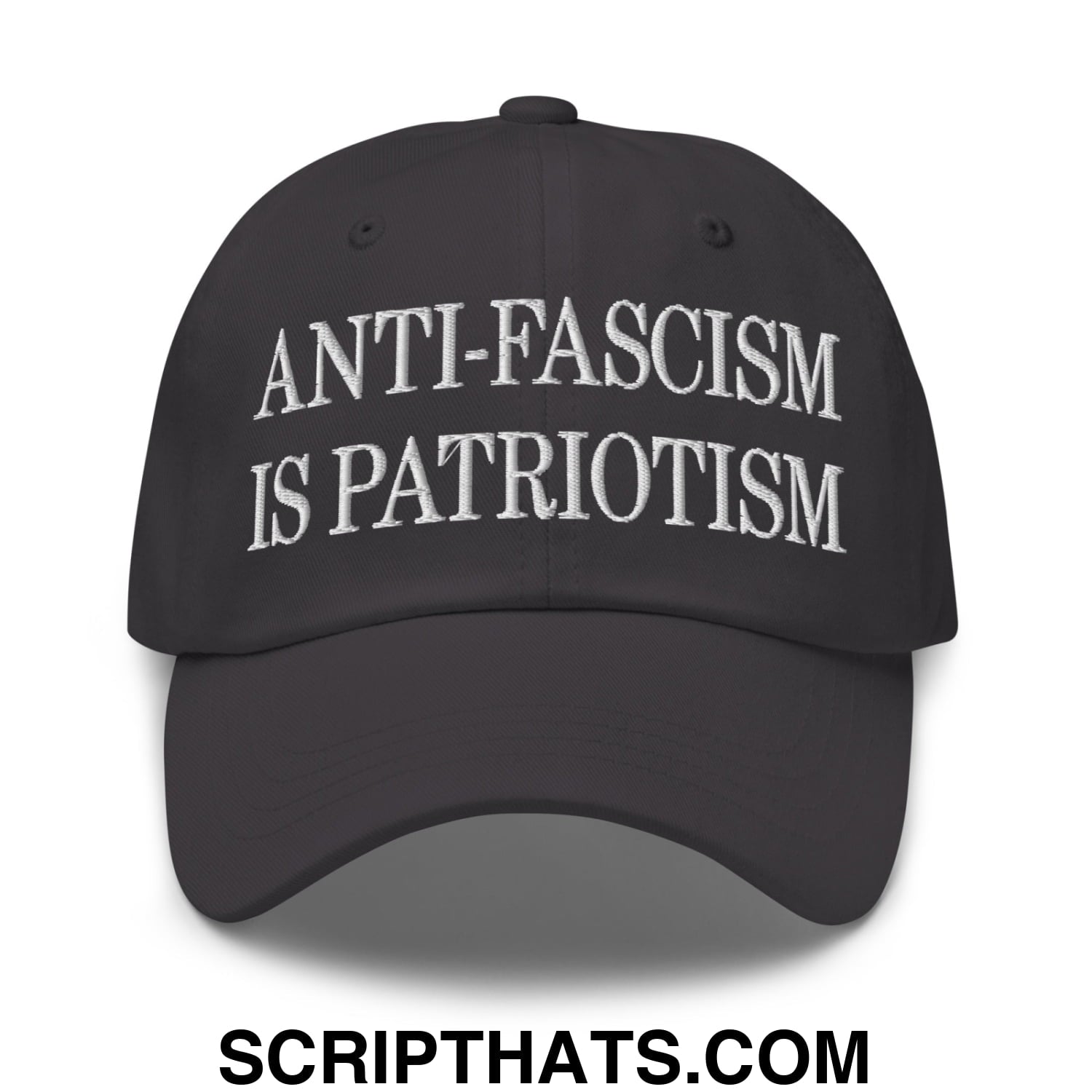 Black unstructured dad hat with white embroidered anti-fascism is patriotism text in a casual style