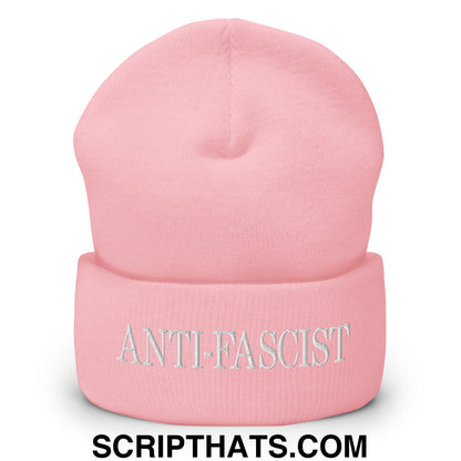 Anti-Fascist Embroidered Cuffed Knit Beanie Baby Pink