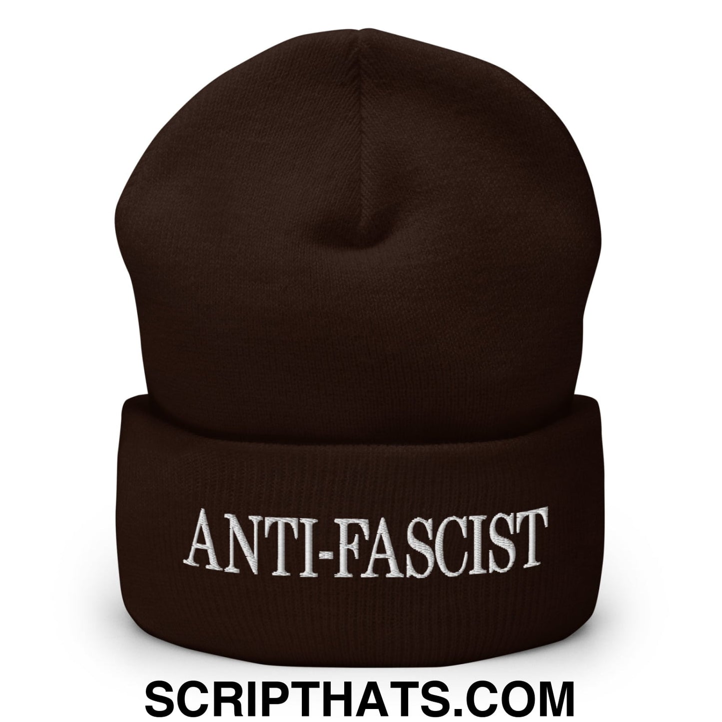Anti-Fascist Embroidered Cuffed Knit Beanie Brown