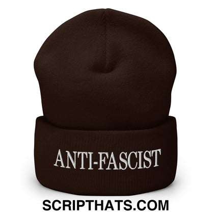 Anti-Fascist Embroidered Cuffed Knit Beanie Brown
