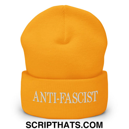 Anti-Fascist Embroidered Cuffed Knit Beanie Gold