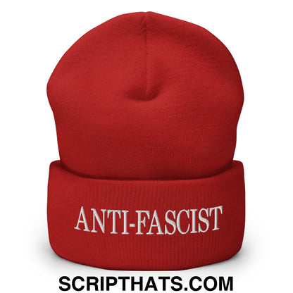 Anti-Fascist Embroidered Cuffed Knit Beanie Red