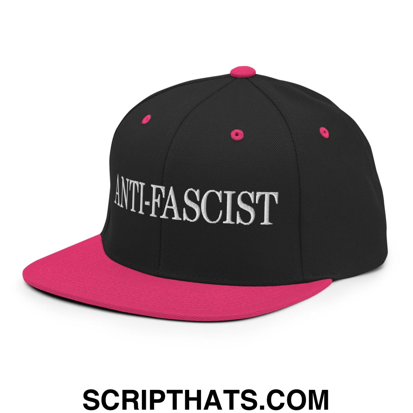 Black and pink snapback hat with white embroidered anti-fascist text on flat bill brim