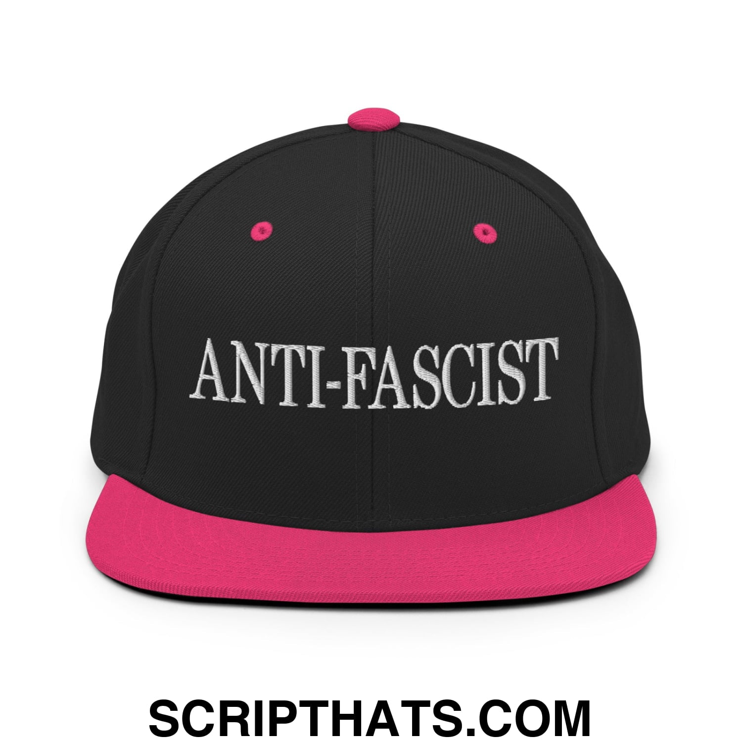 Black snapback cap with vibrant pink brim and button embroidered with anti-fascist in bold white lettering