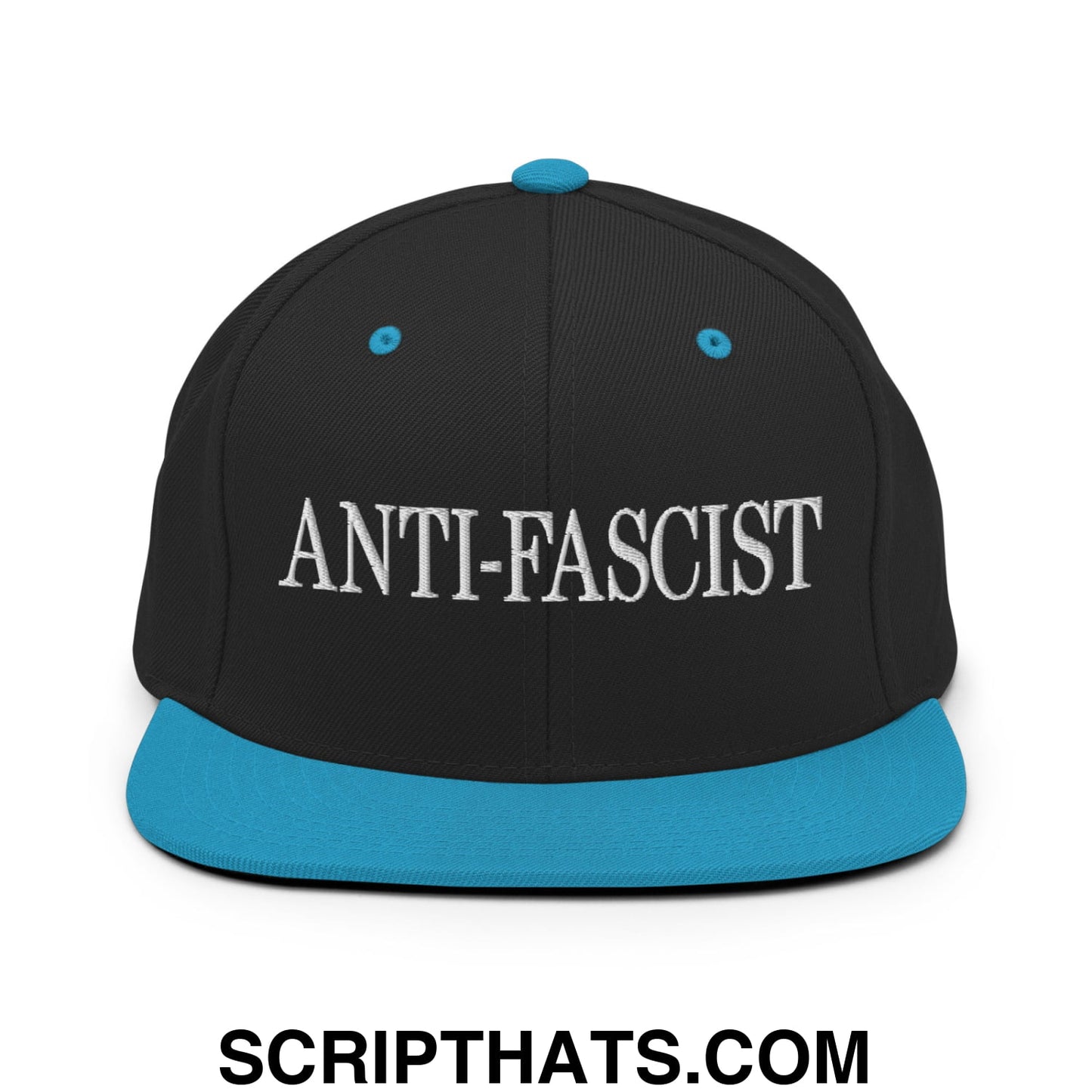 Black snapback hat with teal flat bill and anti-fascist embroidered in white across the front