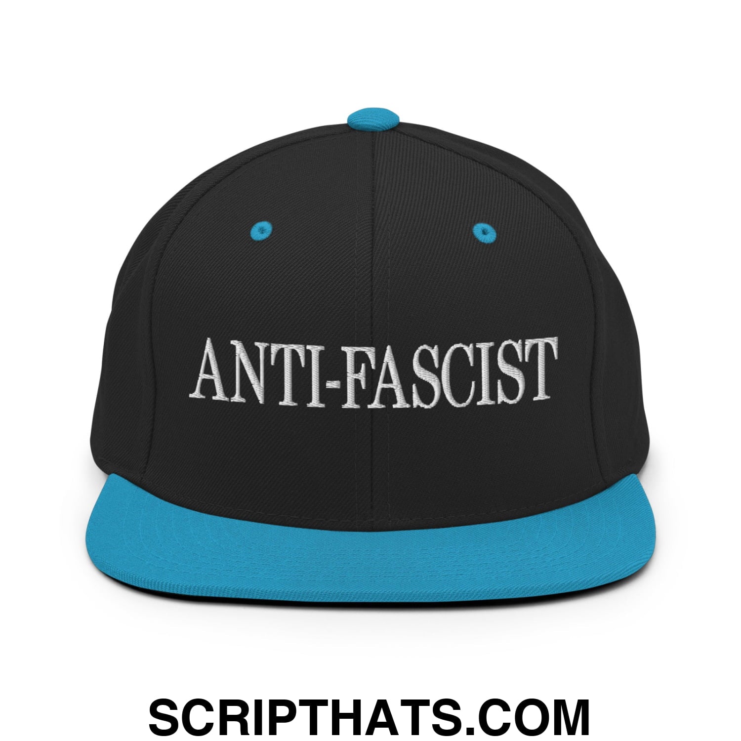 Black snapback hat with teal flat bill and anti-fascist embroidered in white across the front