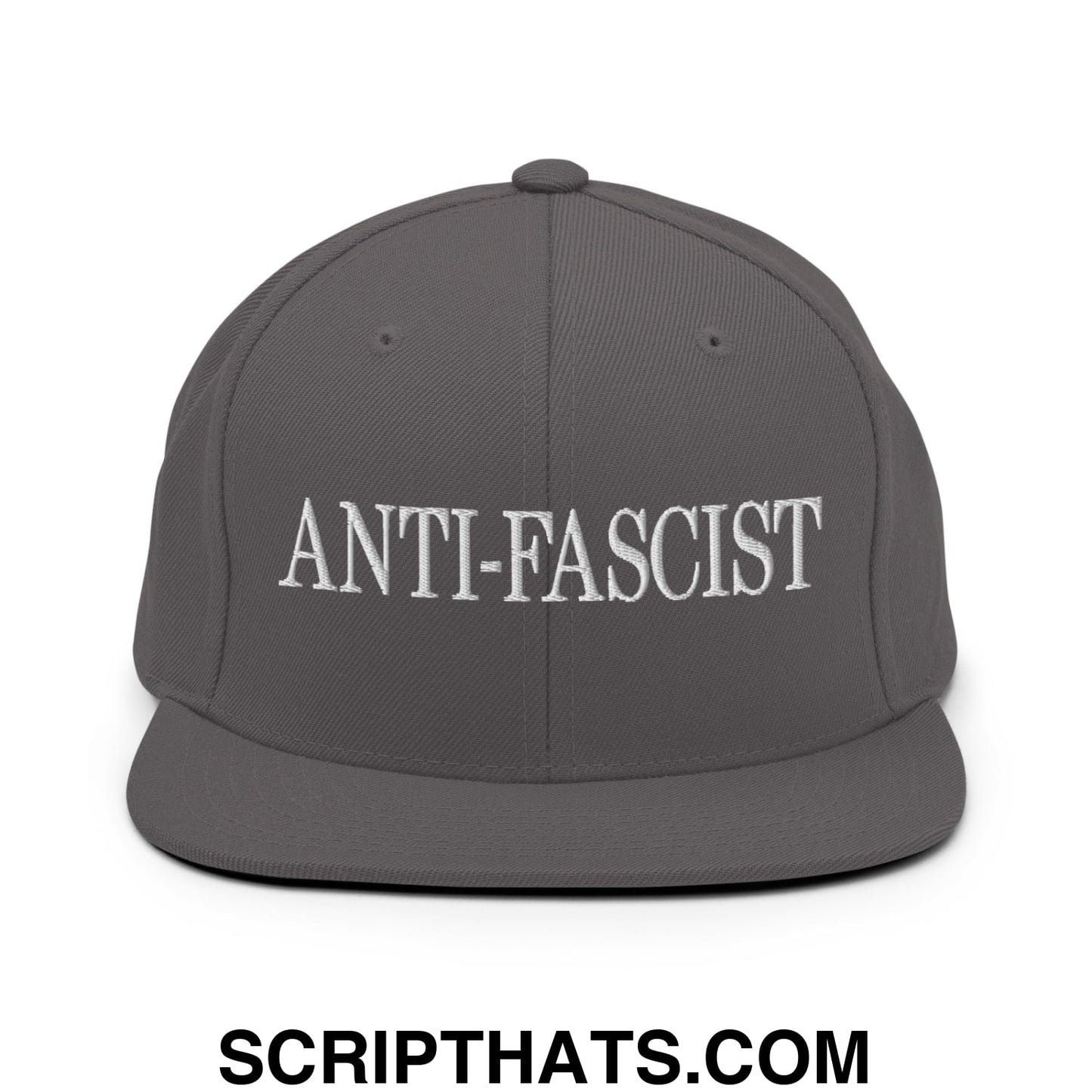 Dark gray snapback hat with white embroidered anti-fascist text and flat bill brim for casual wear