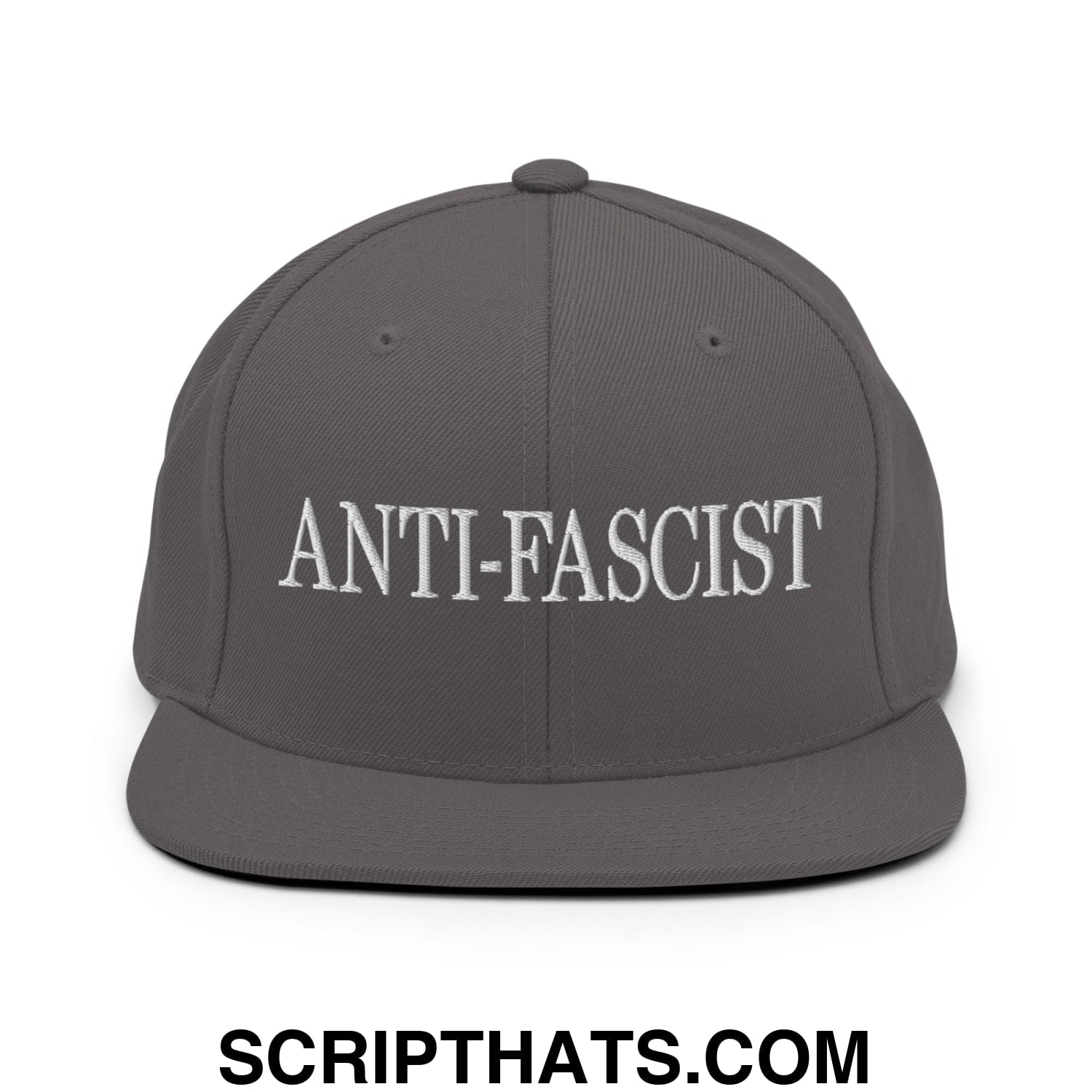 Dark gray snapback hat with white embroidered anti-fascist text and flat bill brim for casual wear
