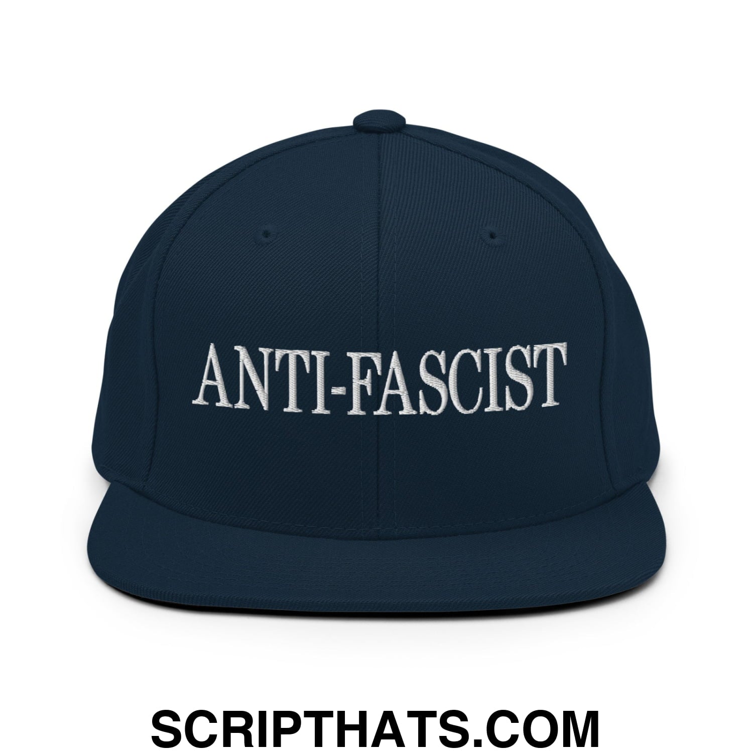 Navy blue snapback hat with white embroidered anti fascist text and flat bill brim for casual wear