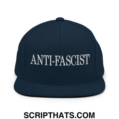 Navy blue snapback hat with white embroidered anti fascist text and flat bill brim for casual wear