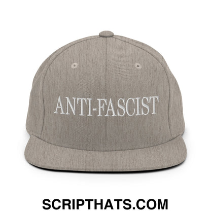 Gray heathered snapback cap with white embroidered anti-fascist text on the front flat bill brim hat