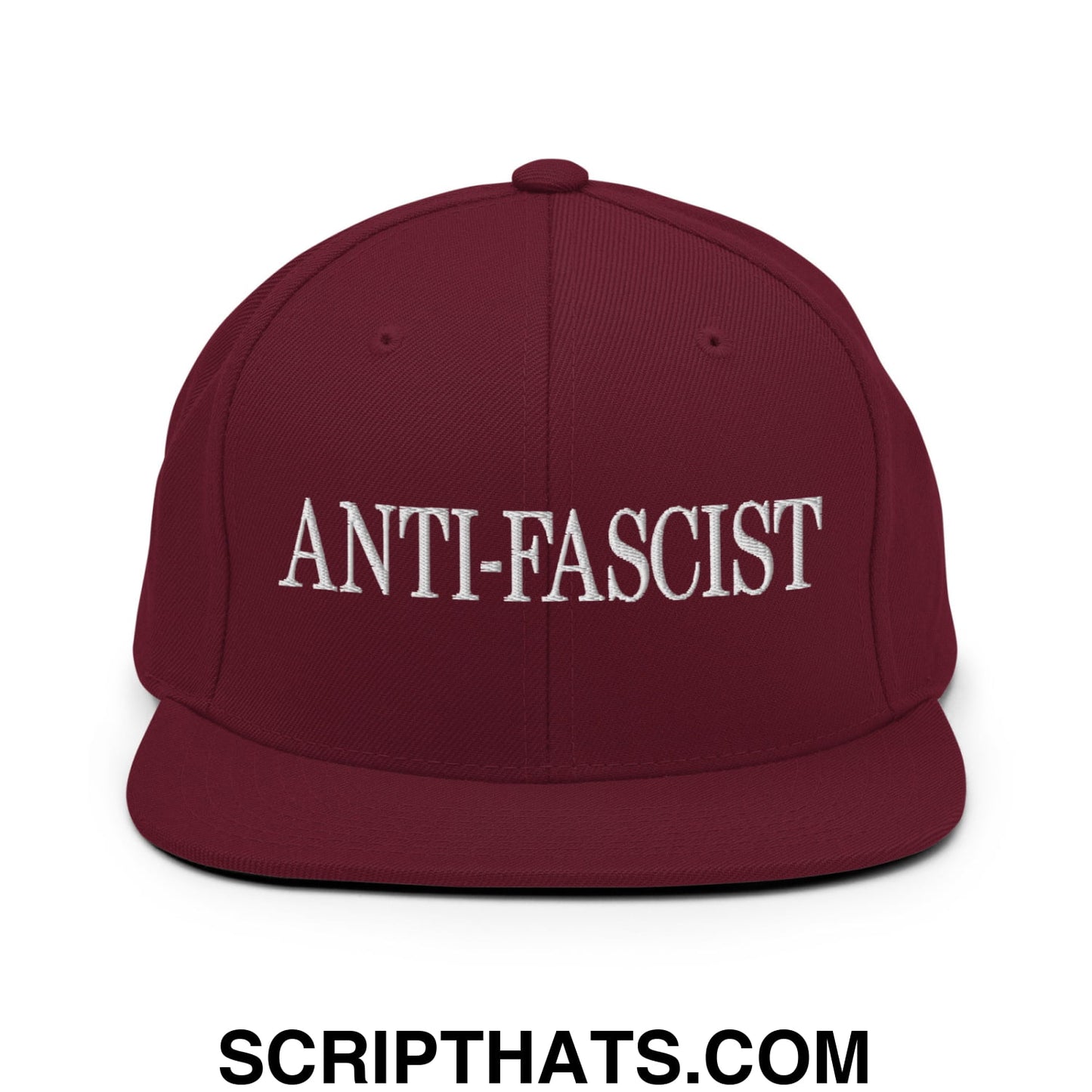 Maroon snapback hat with white embroidered anti-fascist text and flat bill brim for casual wear