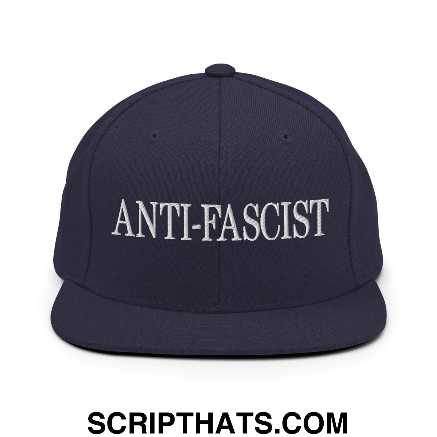 Navy blue snapback hat with white embroidered anti-fascist text and flat bill brim for casual wear