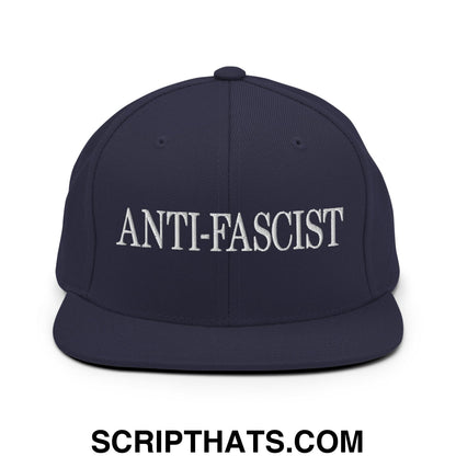 Navy blue snapback hat with white embroidered anti-fascist text and flat bill brim for casual wear